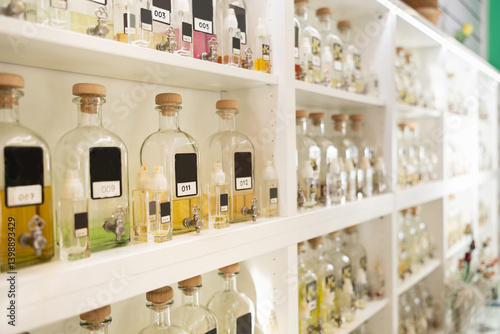 Photography Bottles of fragrances for refilling into small bottles on display in perfume sho