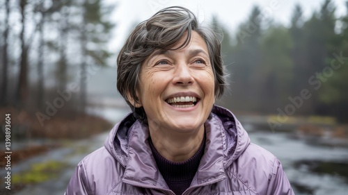 Joyful mature woman with short gray hair smiling outdoors in a purple jacket on a foggy day.