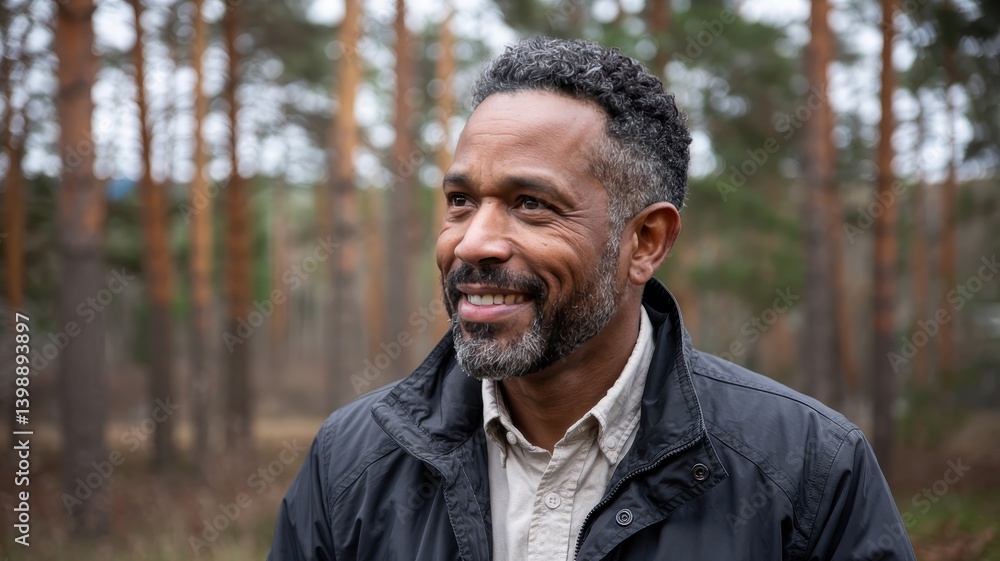 Smiling middle-aged Black man in a forest, enjoying nature and outdoor tranquility. Smiling middle-aged Black man in a forest, enjoying nature and outdoor tranquility.