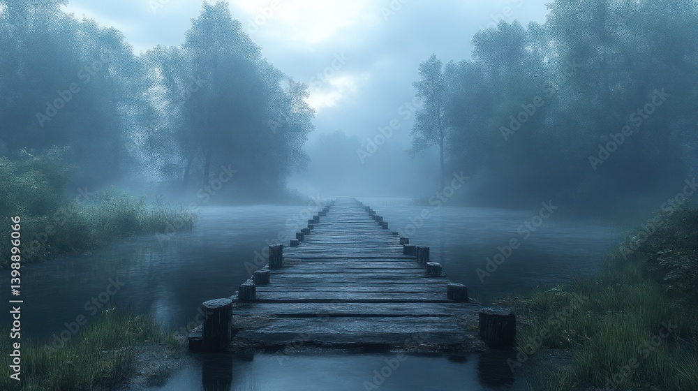 Obraz premium Foggy Forest Pathway Leading to Serenity A Wooden Bridge Over Calm Waters in a Misty Landscape