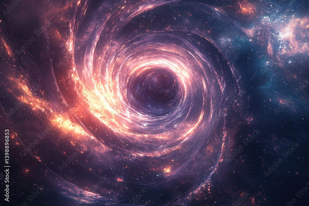 A swirling vortex of cosmic energy and vibrant nebulae, leading to a dark, mysterious center. A swirling vortex of cosmic energy and vibrant nebulae, leading to a dark, mysterious center.