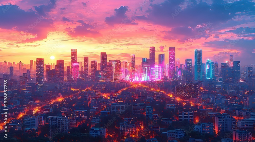 Fototapeta premium Sunset cityscape glowing skyscrapers and illuminated streets