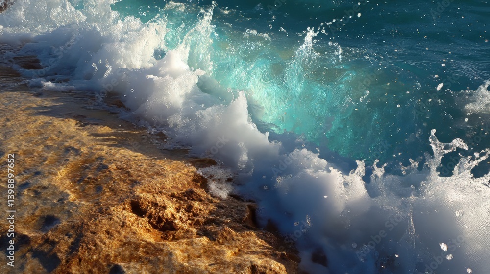 Obraz premium Dramatic turquoise ocean wave crashing on rocky shoreline with foam and spray