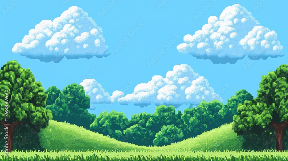 Naklejka premium Pixel art landscape shows green hills trees and blue sky with clouds.
