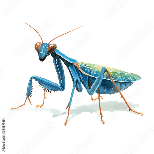 Praying Mantis, vector watercolor illustration, isolated on a white background.
