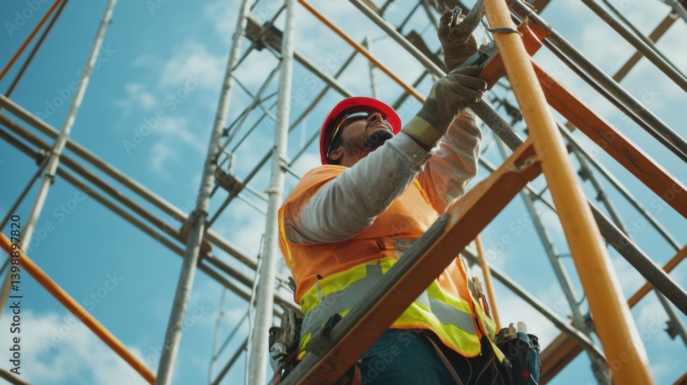 Fototapeta premium A Hispanic construction worker checking scaffolding safety at a construction site. Featuring safety measures and teamwork