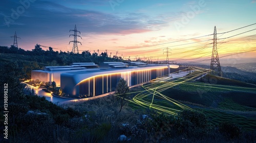 Sunset power grid energy infrastructure landscape at dusk