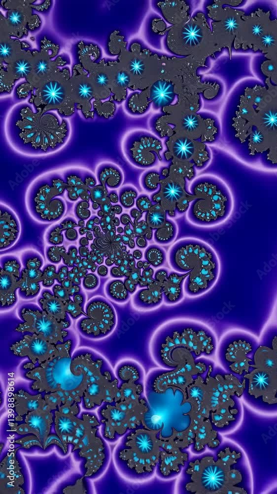 Intricate fractal design featuring spirals, geometric shapes, and glowing turquoise stars against a vibrant purple background Intricate fractal design featuring spirals, geometric shapes, and glowing turquoise stars against a vibrant purple background