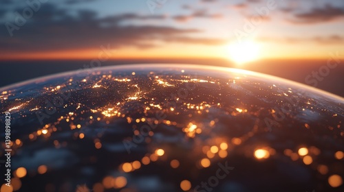 Stylized planet illustration city lights sunset atmosphere global connectivity