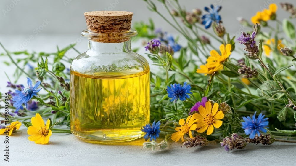 Herbal oil in a glass bottle surrounded by wildflowers Herbal oil in a glass bottle surrounded by wildflowers