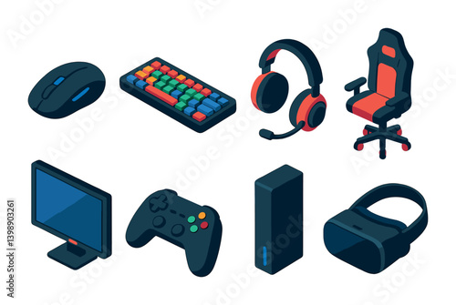 Isometric flat vector set of icons of gaming gear: gaming mouse, mechanical keyboard, gaming headset, gaming chair, monitor, game controller, console, VR headset. isolated transparent background.