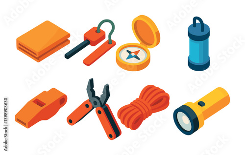 Isometric flat vector set of icons of survival gear: emergency blanket, fire starter, compass, water filter, whistle, multi-tool, paracord, flashlight. . , icons isolated transparent background.