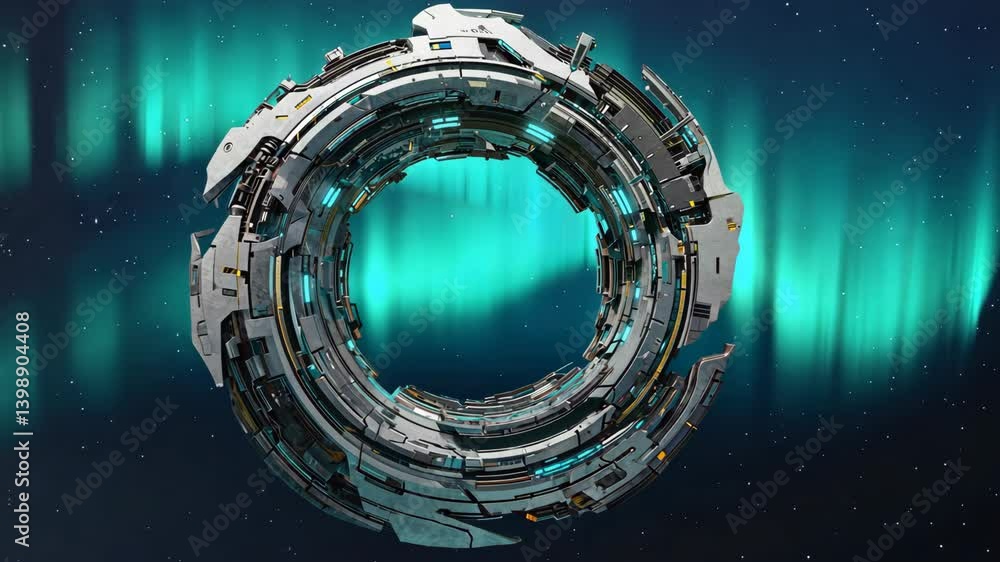 Futuristic portal or stargate with detailed robotic elements in front of a colorful Aurora Borealis and starry outer space