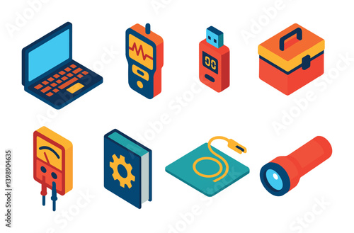 Isometric flat vector set of icons of repair technician gear: laptop, diagnostic tool, USB tester, toolkit, voltage meter, service manual, anti-static mat, flashlight. isolated transparent background.