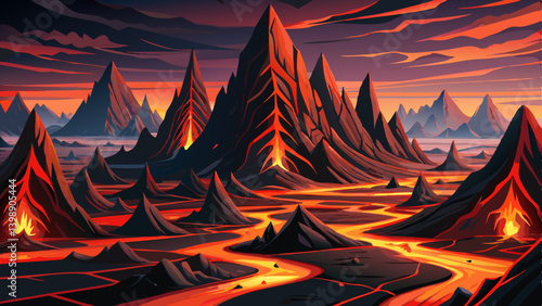 volcanic peaks landscape, field of jagged volcanic peaks painted in deep obsidian black, neon lava red, and glowing metallic bronze