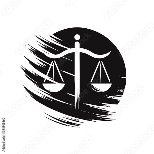 Scales of Justice symbol in black and white artistic style  