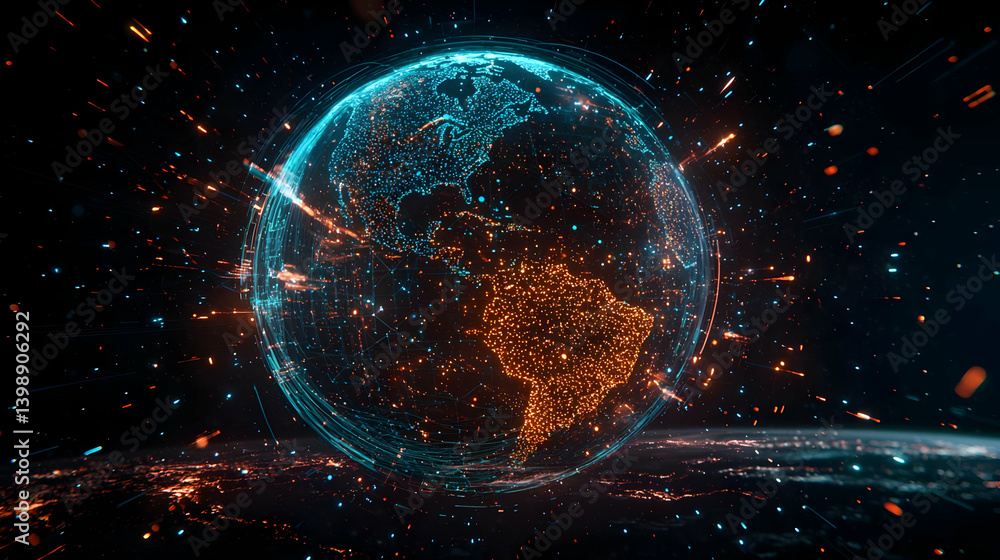 Obraz premium Abstract Digital Globe With Glowing Lines And Dots