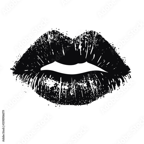 Black vector illustration of a textured, grunge-style lipstick kiss mark. Represents affection, romance, and beauty.
