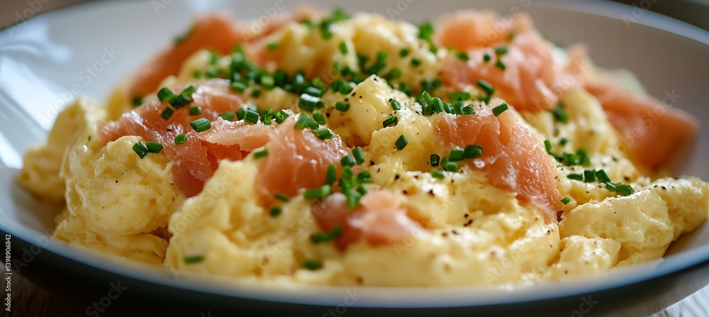 A dish of fluffy scrambled eggs with chives and smoked salmon A dish of fluffy scrambled eggs with chives and smoked salmon