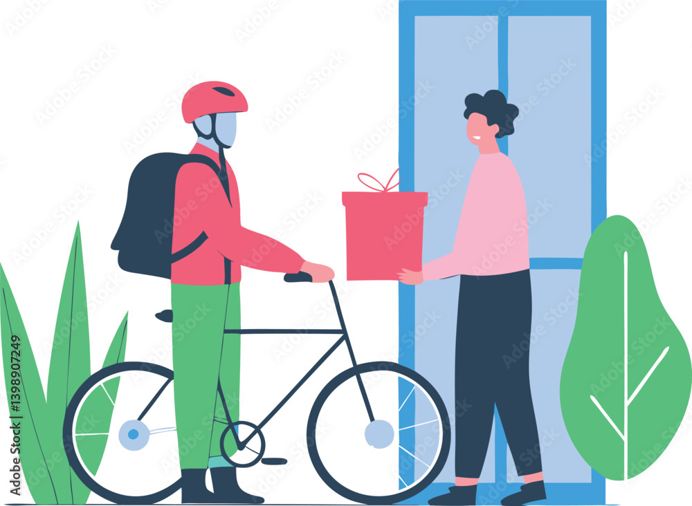 Courier on Bicycle Delivering Package to Customer at Home – Eco-Friendly Urban Delivery Concep Courier on Bicycle Delivering Package to Customer at Home – Eco-Friendly Urban Delivery Concep