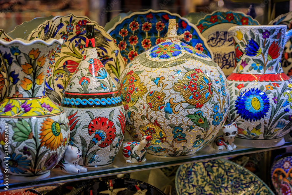 Ornate Turkish ceramic Iznik pottery, pomegranate tree of life, Istanbul, Turkey