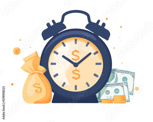 Seizing the opportunity to make or earn money at the right time is a modern concept that allows for financial profit through wise investments, represented by a flat illustration featuring a timer