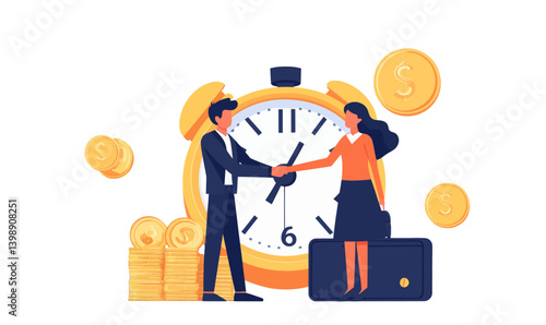 In a modern flat style illustration on a white background, tiny people are shown shaking hands between money and clock symbols to convey the business concept of time being money or saving money