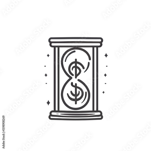 economic process illustrated by hourglass and dollar coin, representing affluence loan and deferred cash or capital profit, in a thin line modern symbol with editable stroke