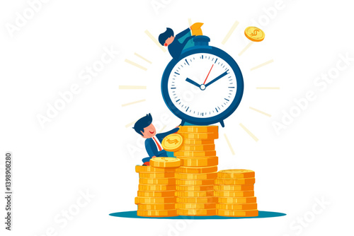 The idea of saving for a retirement fund through long-term investing is highlighted by a businessman on an alarm clock adding more dollar coins, emphasizing the role of compound interest and