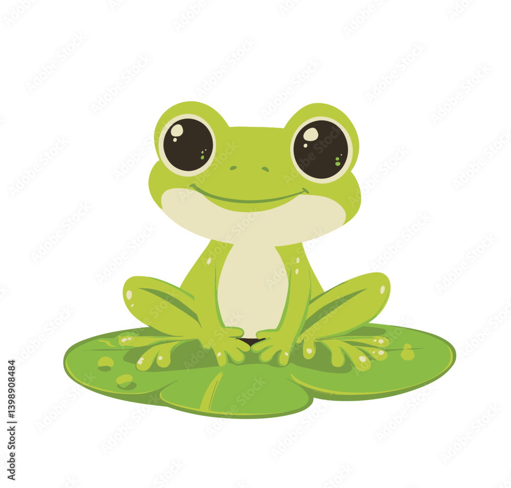 Modern art features a cute green frog character in flat design style sitting on a lily pad Modern art features a cute green frog character in flat design style sitting on a lily pad