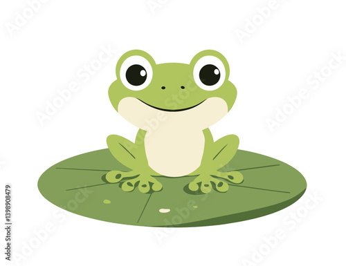Modern illustration of a cute green frog sitting on a lily pad in a flat art style