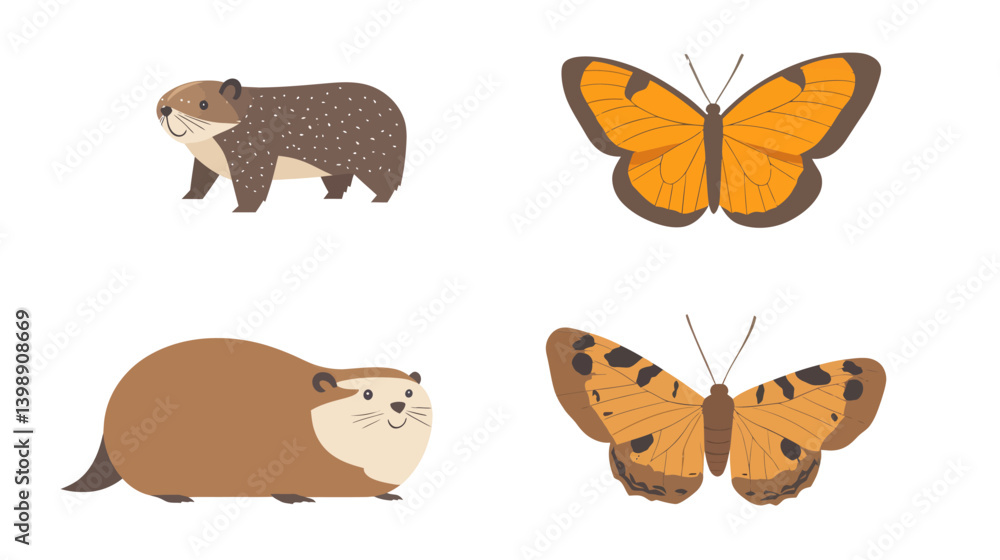 Obraz premium Modern art illustrations of animals, insects, and birds utilize muted tones for coloring in children's books and logos