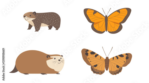 Modern art illustrations of animals, insects, and birds utilize muted tones for coloring in children's books and logos