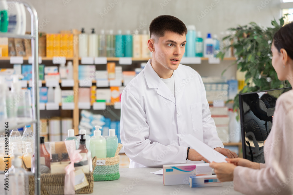 Male pharmacist helps girl buy medicine - he reads the prescription and compares it with data on the computer