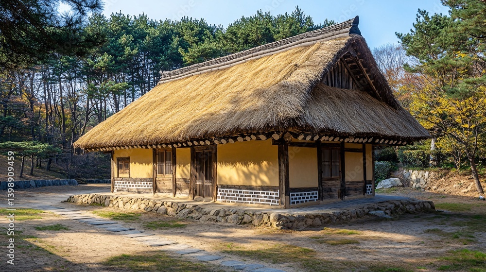 Traditional house with thatched roof in a forest setting on a sunny day. Traditional house with thatched roof in a forest setting on a sunny day.