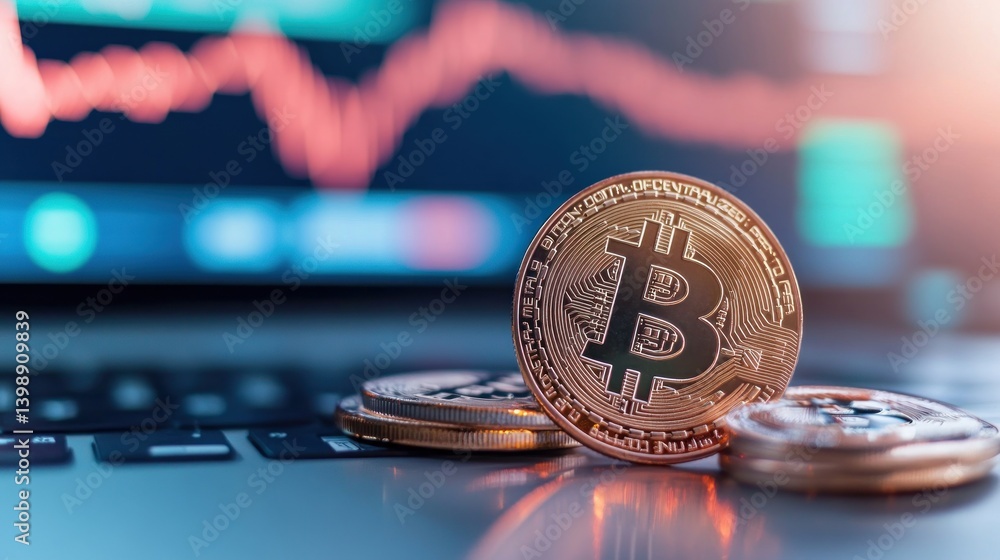 Tokens on laptop displaying financial chart modern digital currency concept Tokens on laptop displaying financial chart modern digital currency concept