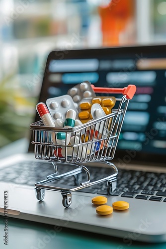 Virtual shopping cart filled with medicine on a laptop screen highlights the convenience online pharmacy shopping and e-commerce