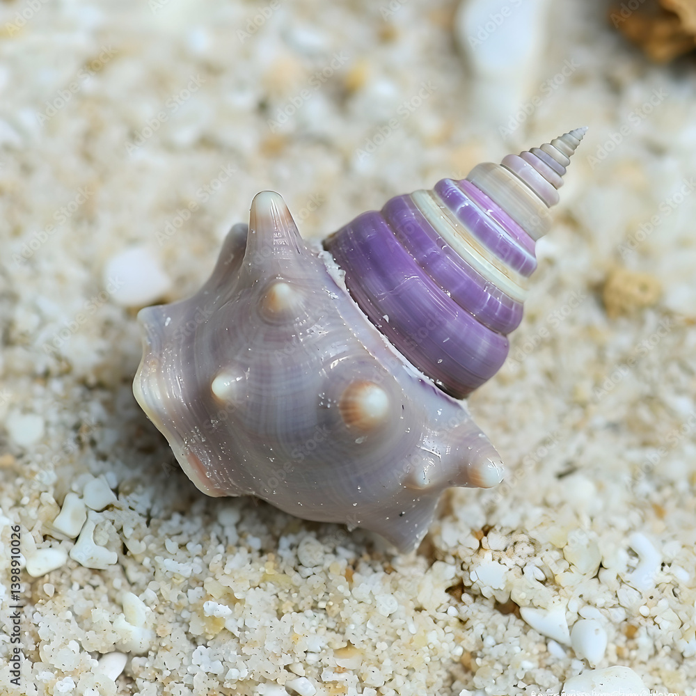 Purple and gray spiral seashell on beach sand. Close-up summer vacation travel nature photography Purple and gray spiral seashell on beach sand. Close-up summer vacation travel nature photography
