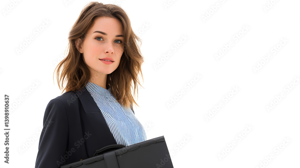 Confident businesswoman in suit with striped shirt carrying briefcase, isolated on white background. Ready for success, leadership, and achievement. Confident businesswoman in suit with striped shirt carrying briefcase, isolated on white background. Ready for success, leadership, and achievement.
