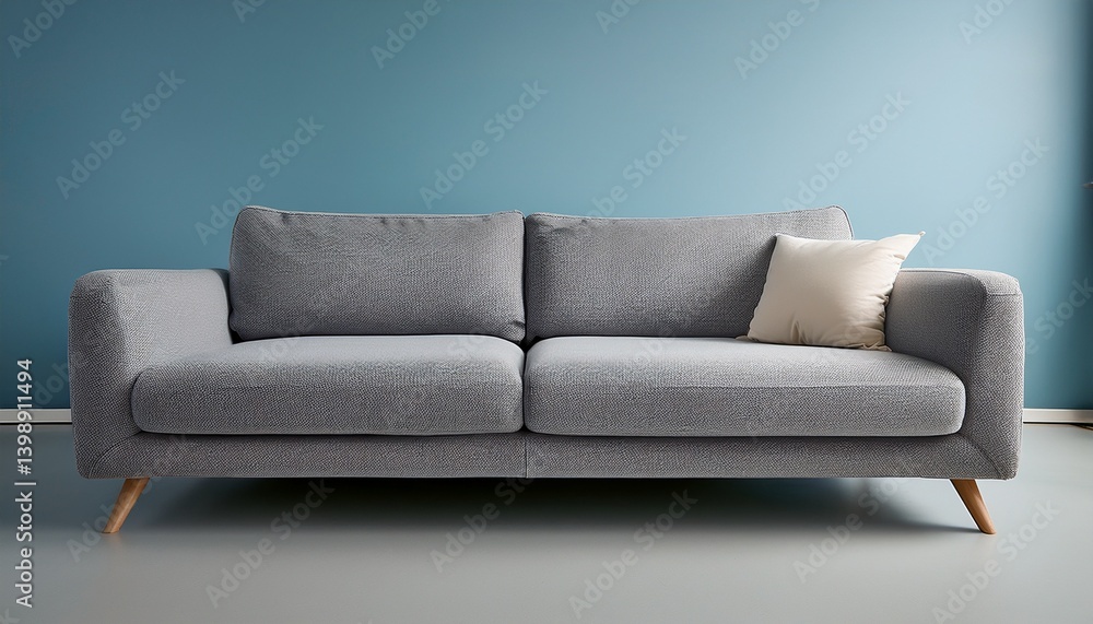 Fototapeta premium 淡いブルーのマット背景に、ふわっとしたクッションが特徴的な柔らかなグレーのソファが1つ置かれ、落ち着いた温かみのある空間が広がる