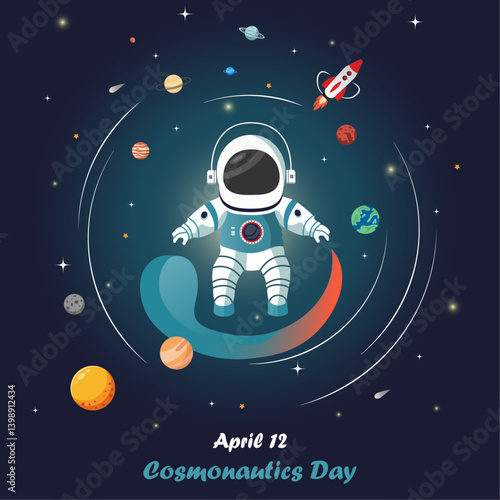 Cosmonautics Day Background – Cartoon Astronaut, Rocket, Planets and Comet in Dark Space Illustration with April 12 Typography