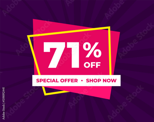 71% off, seventy one percent, special offer, shop now. Background Label. Purple and pink. Discount special offer. Modern concept design. Vector illustration.