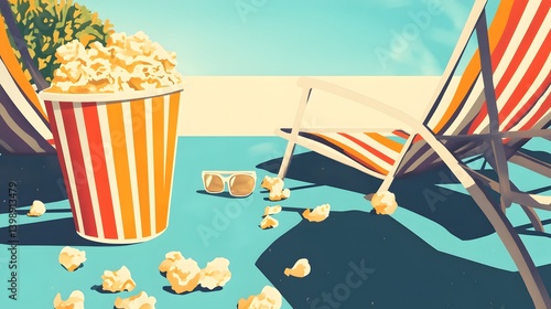 a bucket of popcorn with sunglasses on a blue carpet with red chairs on the sides, a perfect setting for watching movies under the summer sun.