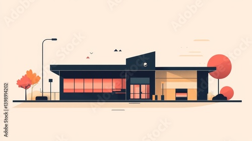 Modern Flat Vector of a Contemporary Building with Trees on a Minimal Background