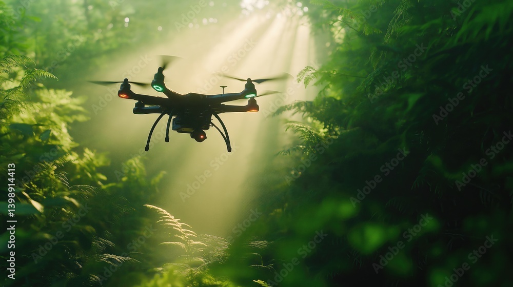 Drone soaring through lush jungle canopy, bathed in sunlight Drone soaring through lush jungle canopy, bathed in sunlight