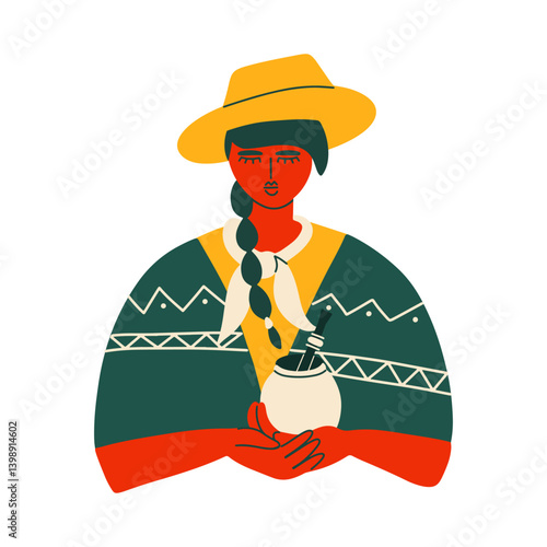 Argentinian gaucho woman holding a mate gourd and bombilla. Traditional South American culture and drink. Vector hand drawn illustration