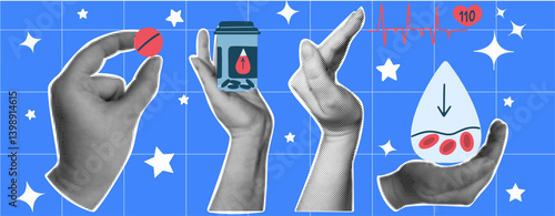 Halftone collage with diabetes hand drawn elements on a blue grid background with stars. Hands hold a pill, a blood glucose meter and a blood drop.