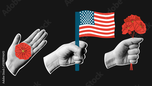 Set of halftone hands with Memorial Day. Poppy flower and American flag  symbol elements on a black background.  Vector retro collage