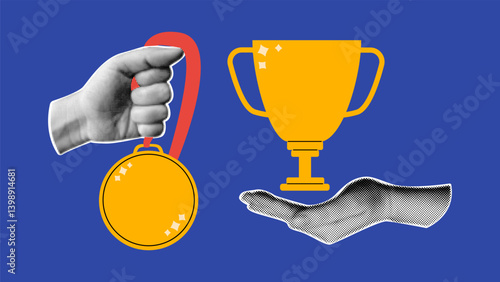 Retro collage with hands and awards. Halftone hand holds medal and winner cup.