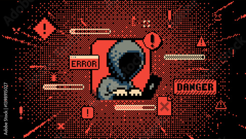Cyber attack pixel art. Anonymous hacker with laptop, 8-bit error warning and virus danger alert signs on digital dithering texture. Data breach, system intrusion and cybercrime vector illustration